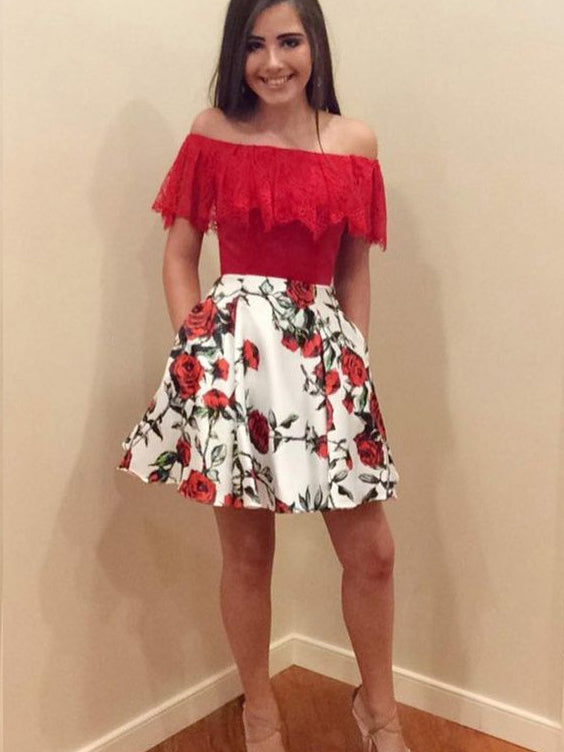homecoming dresses with roses Red Homecoming Dresses Rose Floral Print Aline Lace Short Prom Dress Party  Dress JK767|Annapromdress – Anna PromDress