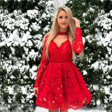 Long Sleeve Homecoming Dresses Open Back Lace Red Short Prom Dress Party Dress JK770|Annapromdress