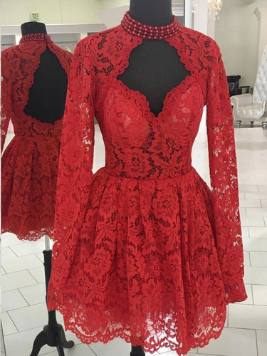 Long Sleeve Homecoming Dresses Open Back Lace Red Short Prom Dress Party Dress JK770|Annapromdress