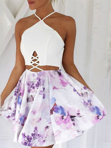 Open Back Homecoming Dresses Floral Print Aline Short Prom Dress Sexy Party Dress JK774|Annapromdress