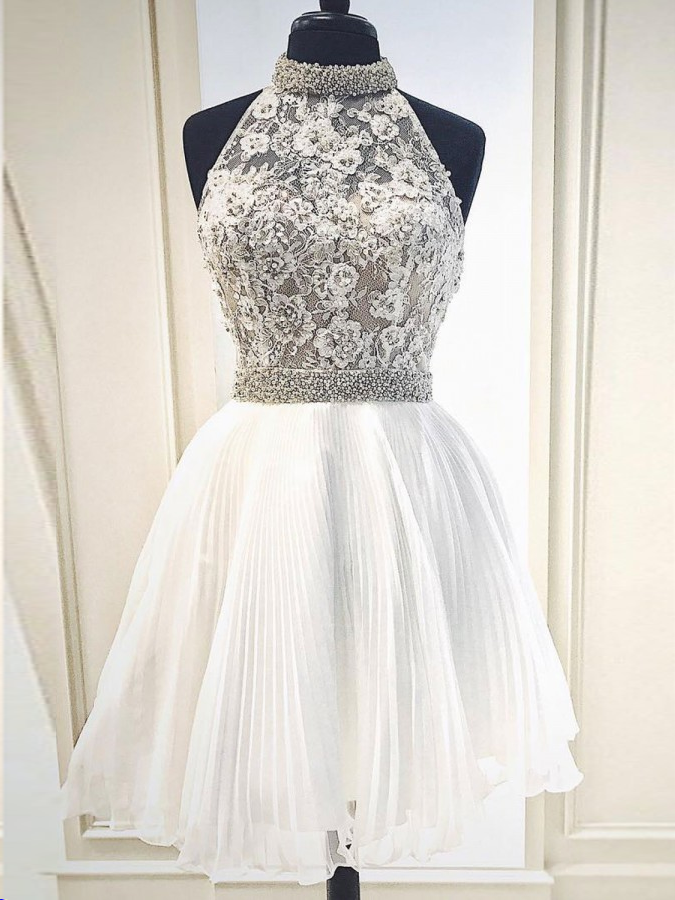 Beautiful Homecoming Dresses High Neck Lace Beading Short Prom Dress Party Dress JK786|Annapromdress