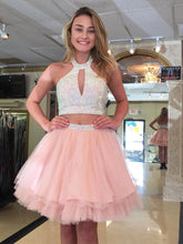 Two Piece Homecoming Dresses Halter Beading Blush Pink Short Prom Dress Party Dress JK793|Annapromdress