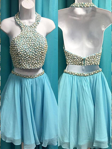 Two Piece Homecoming Dresses Beading Chiffon Short Prom Dress Halter Party Dress JK794|Annapromdress