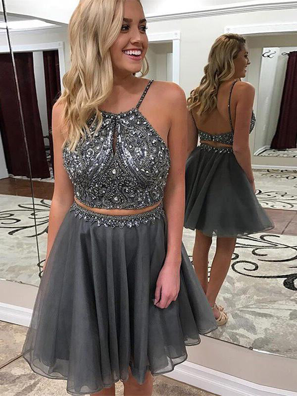 Two Piece Homecoming Dresses A-line Rhinestone Sparkly Short Prom Dress Party Dress JK802|Annapromdress