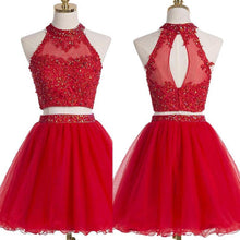Two Piece Red Homecoming Dresses A Line Beading Short Prom Dress Sexy Party Dress JK803