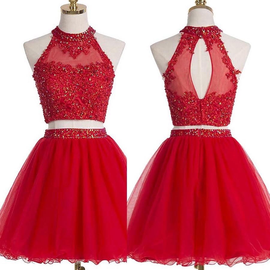 sexy red homecoming dress Two Piece Red Homecoming Dresses A Line Beading Short Prom Dress Sexy Party Dress JK803|Annapromdress – Anna PromDress