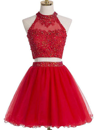 Two Piece Red Homecoming Dresses A Line Beading Short Prom Dress Sexy Party Dress JK803|Annapromdress