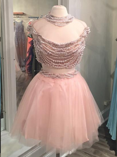 Two Piece Homecoming Dresses Pearl Pink Sparkly Short Prom Dress Beading Party Dress JK809|Annapromdress