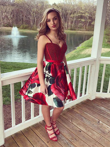 Floral Print Homecoming Dresses A Line Beading Burgundy Short Prom Dress Party Dress JK810|Annapromdress