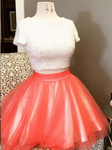 Two Piece Homecoming Dresses Beautiful Beading Tulle Short Prom Dress Party Dress JK814|Annapromdress