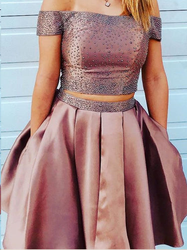 Two Piece Homecoming Dresses A Line Beading Short Prom Dress Sexy Party Dress JK819|Annapromdress