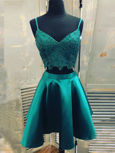 Two Piece Homecoming Dresses A-line Spaghetti Straps Short Prom Dress Lace Party Dress JK821|Annapromdress