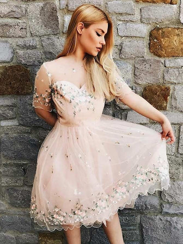 Beautiful Homecoming Dresses A Line Short Sleeve Lace Short Prom Dress Cute Party Dress JK834|Annapromdress