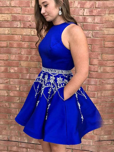 Royal Blue Homecoming Dresses Scoop Rhinestone Sparkly Short Prom Dress Party Dress JK836|Annapromdress