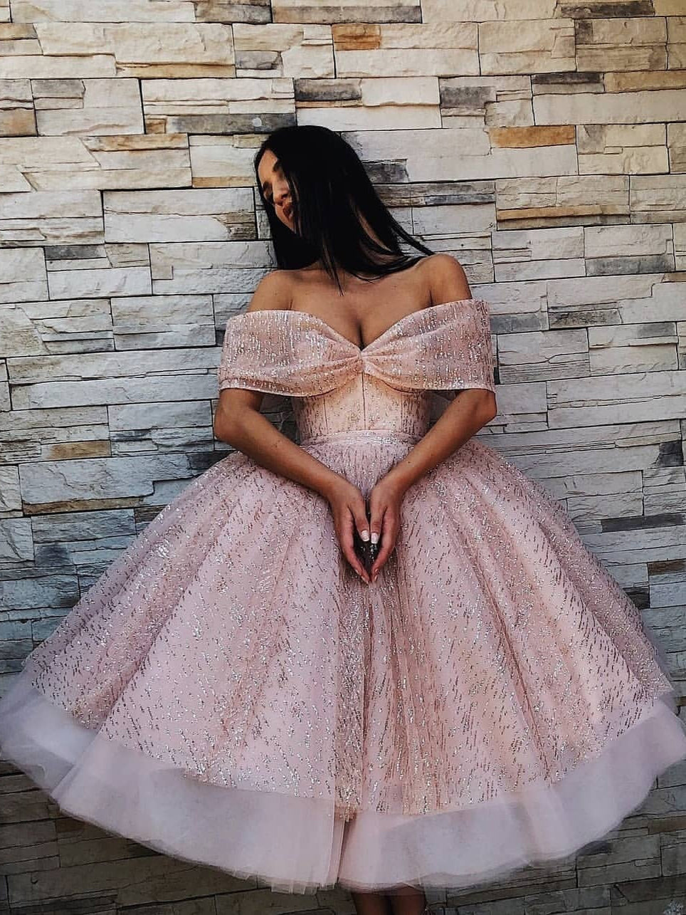 Sparkly Ball Gown Homecoming Dresses Tea-length Short Prom Dress Lace Party Dress JK839|Annapromdress