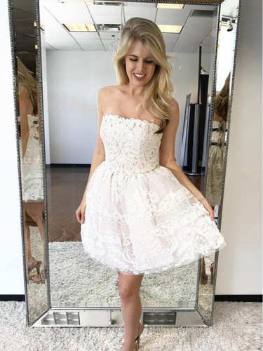 Cute Homecoming Dresses Aline Strapless Lace Short Prom Dress Party Dress JK855|Annapromdress