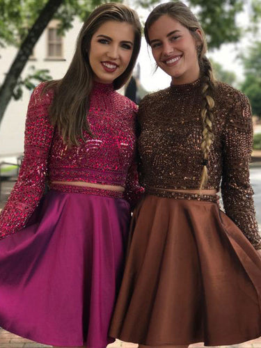 Two Piece Homecoming Dresses Long Sleeve Sparkly Short Prom Dress Party Dress JK858|Annapromdress