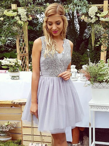 Lilac Homecoming Dresses Aline Appliques V-neck Short Prom Dress Party Dress JK864|Annapromdress