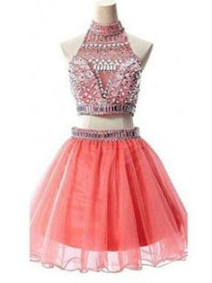 Two Piece Homecoming Dresses A Line High Neck Sparkly Short Prom Dress Party Dress JK869|Annapromdress