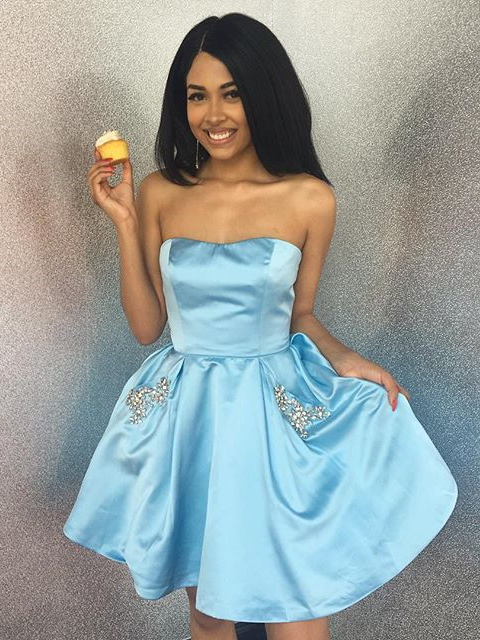 short prom dresses with pockets Simple Satin Royal Blue Short Prom Dresses, Homecoming Dress With Pockets, MH453