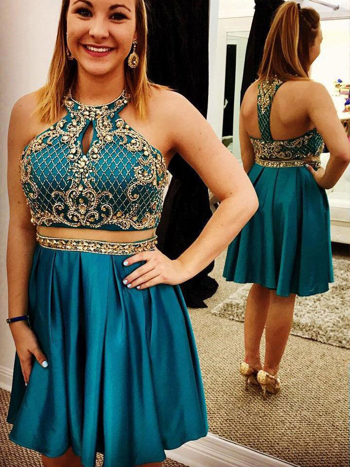 Two Piece Homecoming Dresses Aline Beading Sparkly Short Prom Dress ...