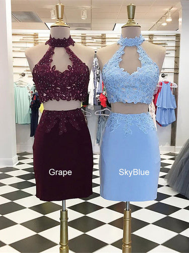 Two Piece Homecoming Dresses A Line Grape Lace-up Short Prom Dress Sheath Party Dress JK888|Annapromdress