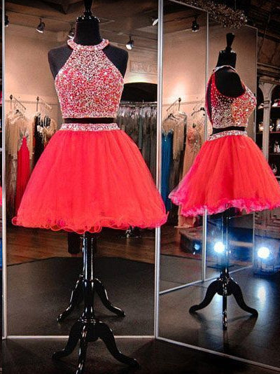 Two Piece Homecoming Dresses A-line Beading Sparkly Short Prom Dress Red Party Dress JK889|Annapromdress
