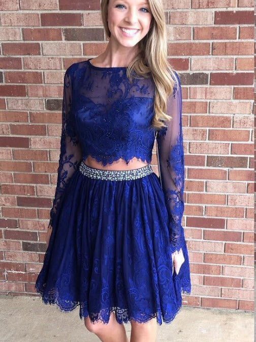 Two Piece Homecoming Dresses Aline Long Sleeve Short Prom Dress Lace ...