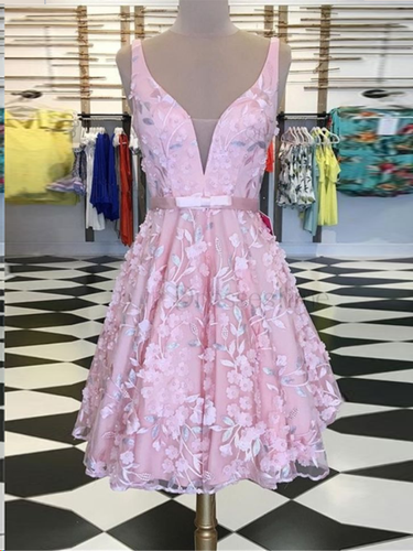 Lace Homecoming Dresses Aline with Straps Cute Short Prom Dress Pink Party Dress JK894|Annapromdress