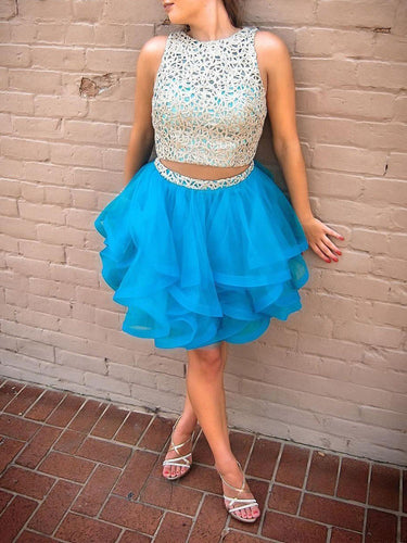 Two Piece Homecoming Dresses A-line Lace Blue Short Prom Dress Fashion Party Dress JK904|Annapromdress