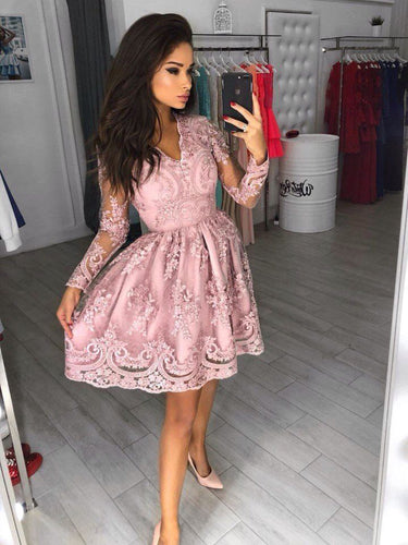 Long Sleeve Homecoming Dresses A Line V-neck Pink Short Prom Dress Lace Party Dress JK905|Annapromdress
