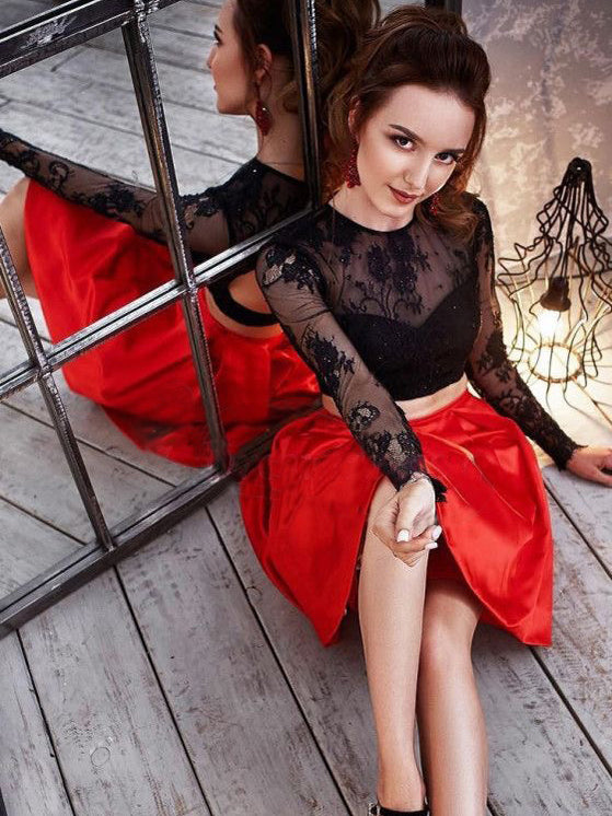 Two Piece Homecoming Dresses Long Sleeve Black and Red Short Prom Dress Lace Party Dress JK925|Annapromdress – Anna PromDress