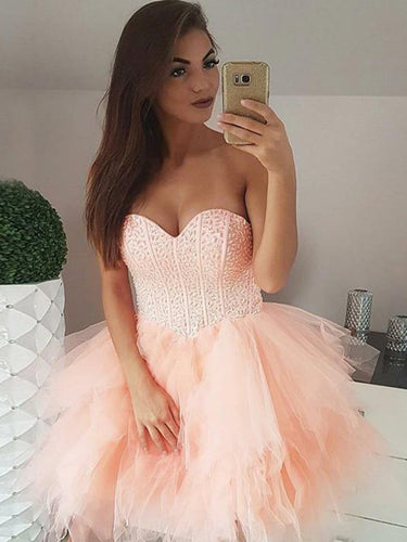 Chic Homecoming Dresses Sweetheart Beading Sparkly Short Prom Dress Tulle Party Dress JK928|Annapromdress