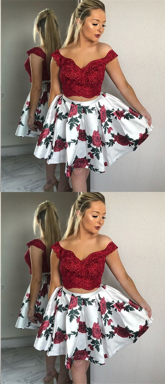 Two Piece Homecoming Dresses Aline Floral Print Short Prom Dress Lace Party Dress JK947|Annapromdress Anna PromDress Two Piece Homecoming Dresses Aline Floral Print Short Prom Dress Lace Party Dress JK947|Annapromdress Anna PromDress