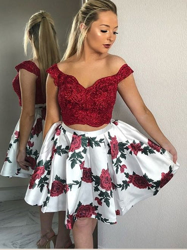 Two Piece Homecoming Dresses Aline Floral Print Short Prom Dress Lace Party Dress JK947