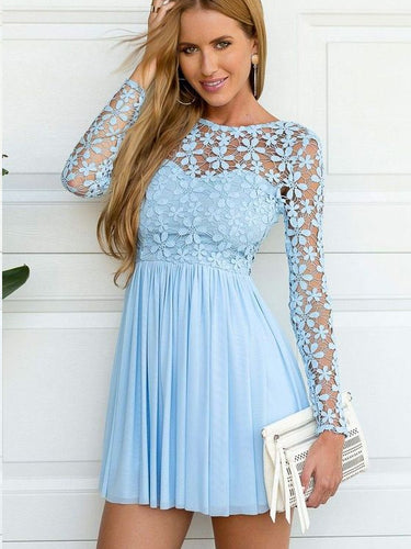 Cheap Homecoming Dresses A Line Long Sleeve Short Prom Dress Lace Party Dress JK951|Annapromdress