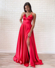 Simple Red Satin Halter V-Neck A-Line Sweep Train Long Prom Dress JKA012