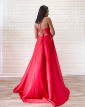 Simple Red Satin Halter V-Neck A-Line Sweep Train Long Prom Dress JKA012