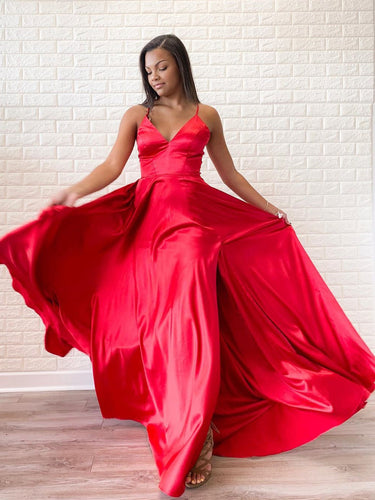 Simple Red Satin Halter V-Neck A-Line Sweep Train Long Prom Dress JKA012