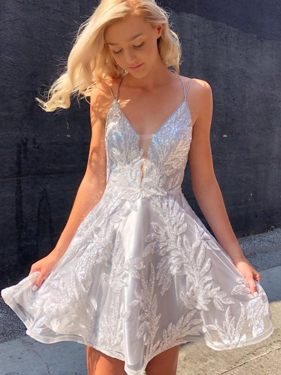 Silver V-Neck Luxury Beaded Satin Short Prom Dress Homecoming Dress JK Anna PromDress Silver V-Neck Luxury Beaded Satin Short Prom Dress Homecoming Dress JK Anna PromDress