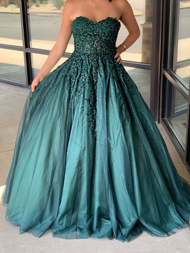 Dark Green Tulle Appliques Beaded Ball Gown Sweetheart Long Prom Evening Dress JKA015|Annapromdress