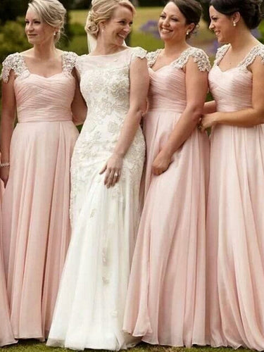 Chic Bridesmaid Dresses A-line V-neck Pearl Pink Long Bridesmaid Dresses JKB026
