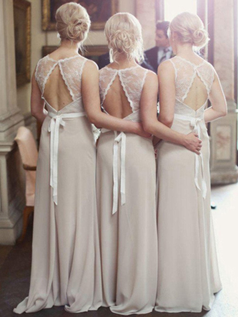 Long Bridesmaid Dresses A-line Scoop Floor-length Lace Bridesmaid Dresses JKB030