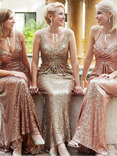 Chic Bridesmaid Dresses Sequins Gold V-neck Halter Sexy Long Bridesmaid Dresses JKB042