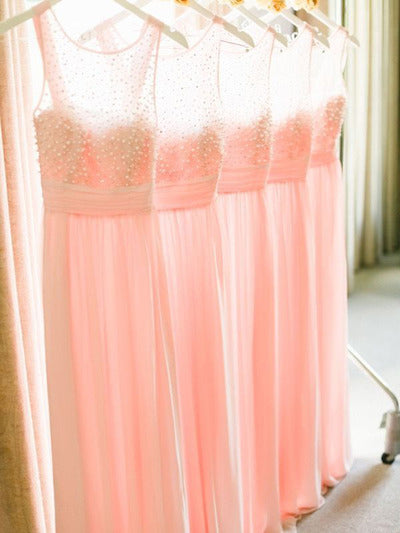 Chic Bridesmaid Dresses Pink A-line Floor-length Chiffon Beading Bridesmaid Dresses JKB062