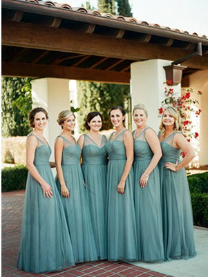 Cheap Long Bridesmaid Dresses Simple Tulle V-neck Romantic Bridesmaid Dresses JKB070|Annapromdress