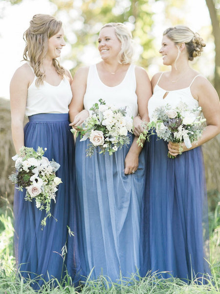 Two Piece Bridesmaid Dresses Spaghetti Straps Tulle Simple Navy Bridesmaid Dresses JKB076|Annapromdress