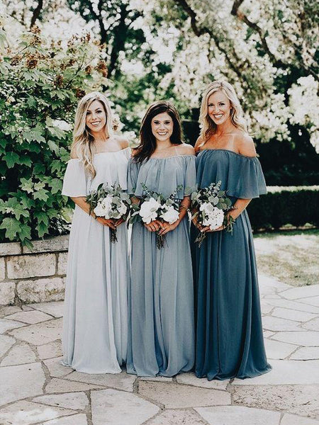 Beautiful Bridesmaid Dresses Off-the-shoulder A Line Long Chiffon Boho Bridesmaid Dresses JKB079|Annapromdress