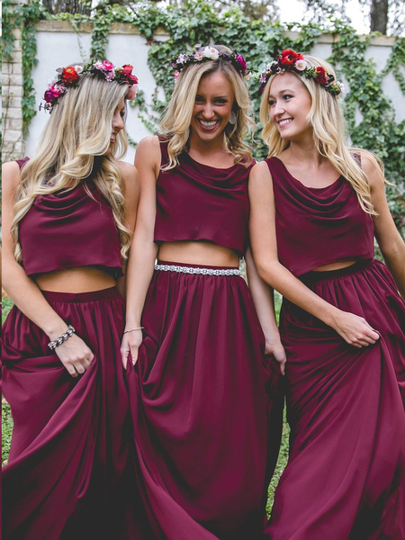 Two Piece Bridesmaid Dresses Bohemia A Line Burgundy Long Chiffon Cheap Bridesmaid Dresses JKB080|Annapromdress