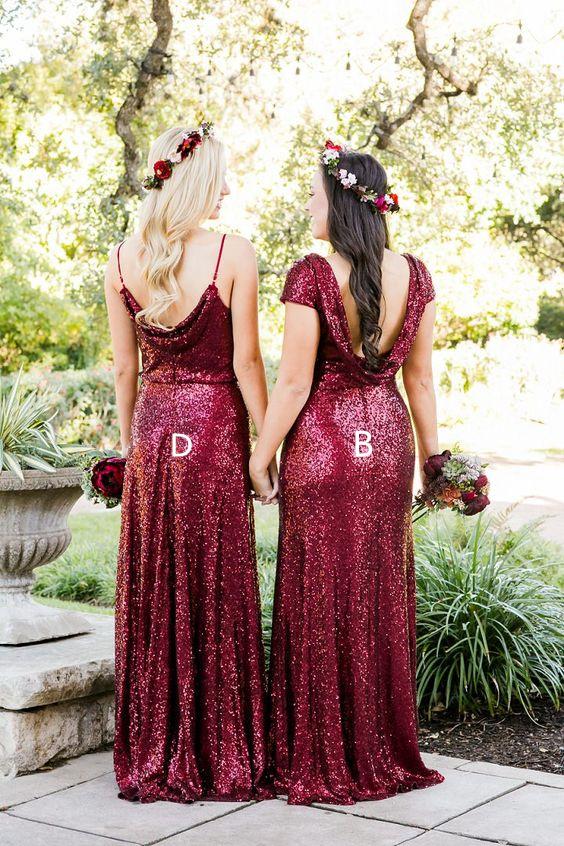 Burgundy Bridesmaid Dresses Simple Sequin Lace V-neck Open Back